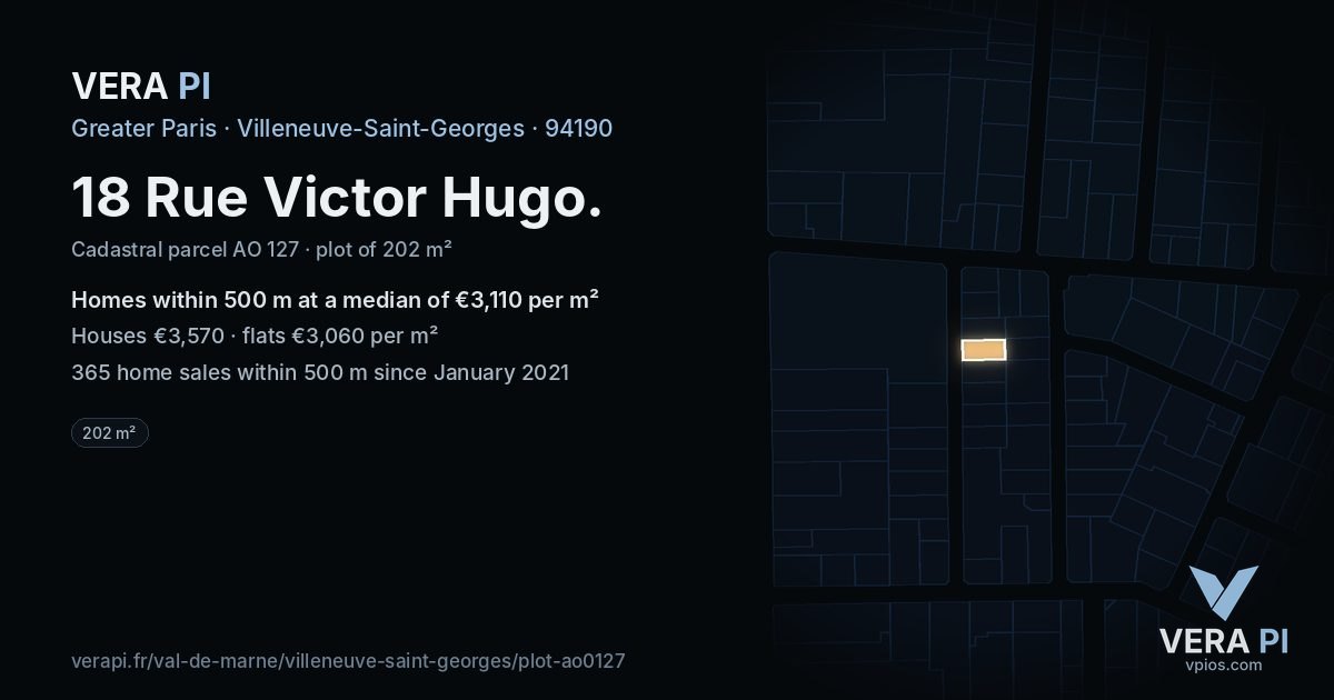 18 Rue Victor Hugo, Villeneuve-Saint-Georges at night – the plot lit, the parcels around coloured by the prices near them