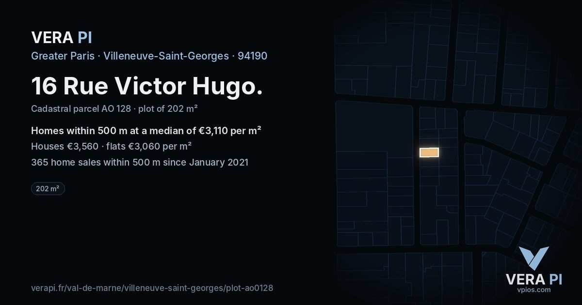 16 Rue Victor Hugo, Villeneuve-Saint-Georges at night – the plot lit, the parcels around coloured by the prices near them