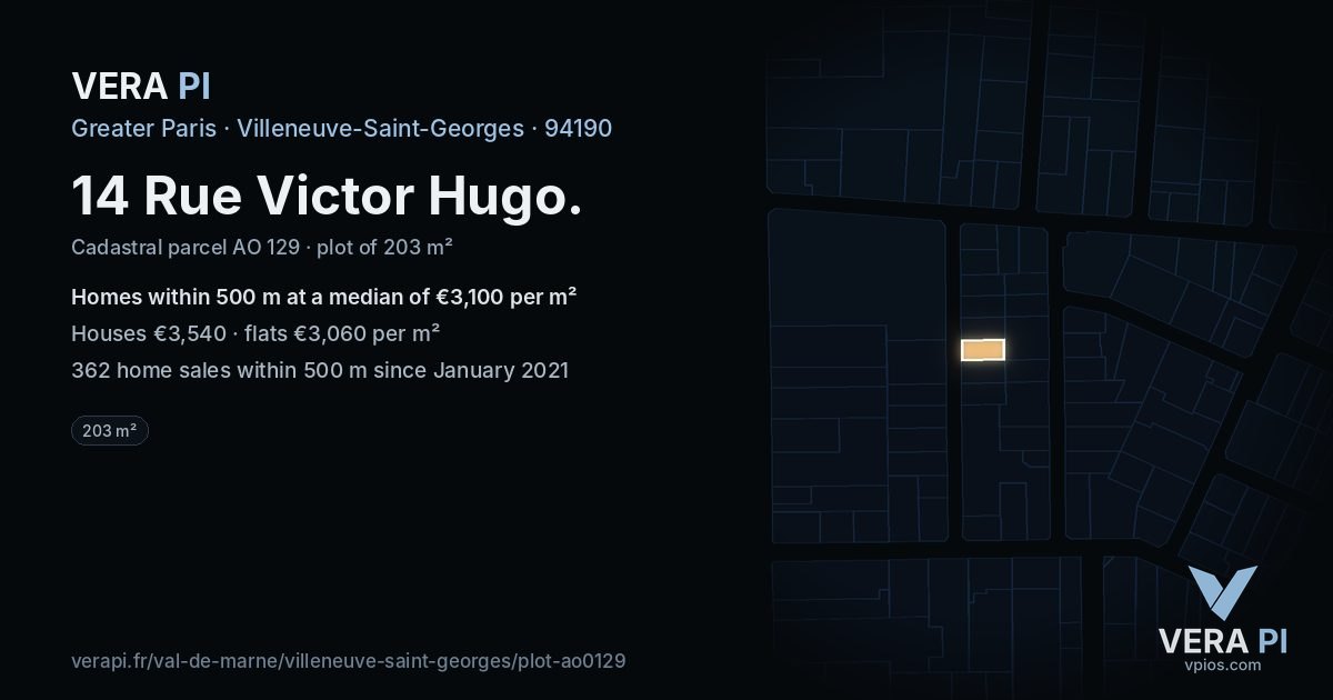14 Rue Victor Hugo, Villeneuve-Saint-Georges at night – the plot lit, the parcels around coloured by the prices near them