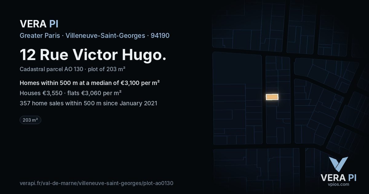 12 Rue Victor Hugo, Villeneuve-Saint-Georges at night – the plot lit, the parcels around coloured by the prices near them