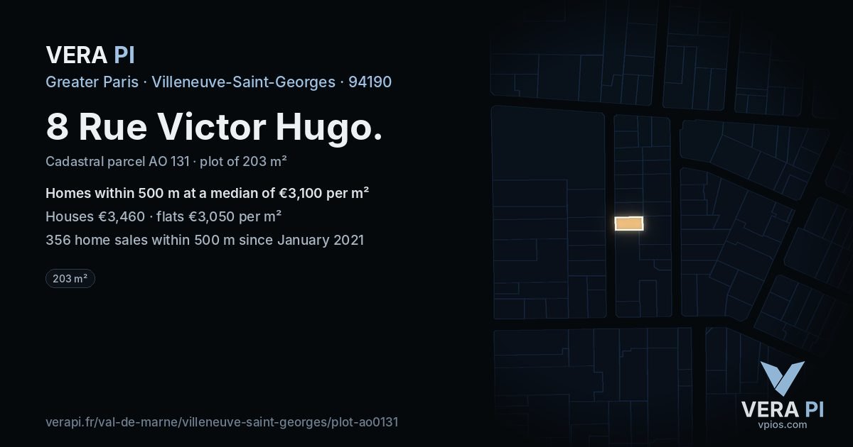 8 Rue Victor Hugo, Villeneuve-Saint-Georges at night – the plot lit, the parcels around coloured by the prices near them