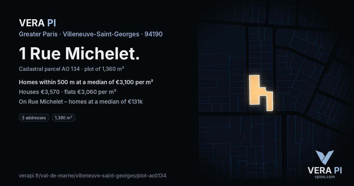 1 Rue Michelet, Villeneuve-Saint-Georges at night – the plot lit, the parcels around coloured by the prices near them