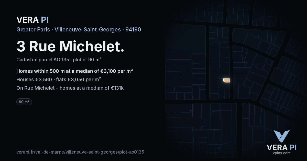 3 Rue Michelet, Villeneuve-Saint-Georges at night – the plot lit, the parcels around coloured by the prices near them