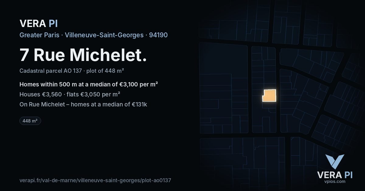 7 Rue Michelet, Villeneuve-Saint-Georges at night – the plot lit, the parcels around coloured by the prices near them