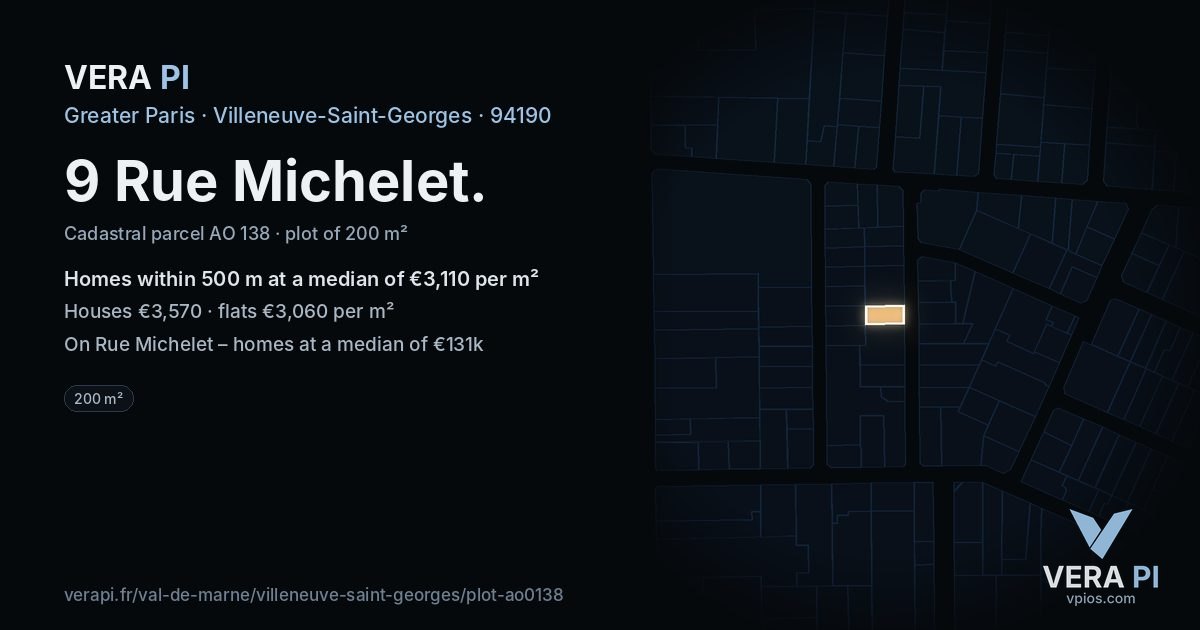 9 Rue Michelet, Villeneuve-Saint-Georges at night – the plot lit, the parcels around coloured by the prices near them
