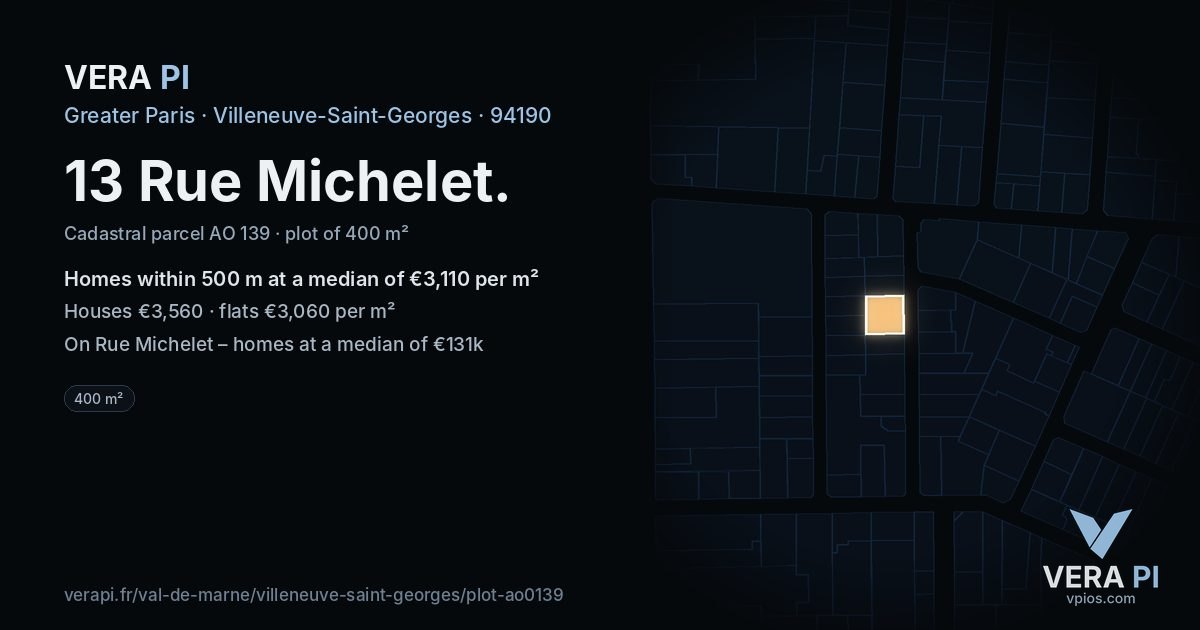 13 Rue Michelet, Villeneuve-Saint-Georges at night – the plot lit, the parcels around coloured by the prices near them