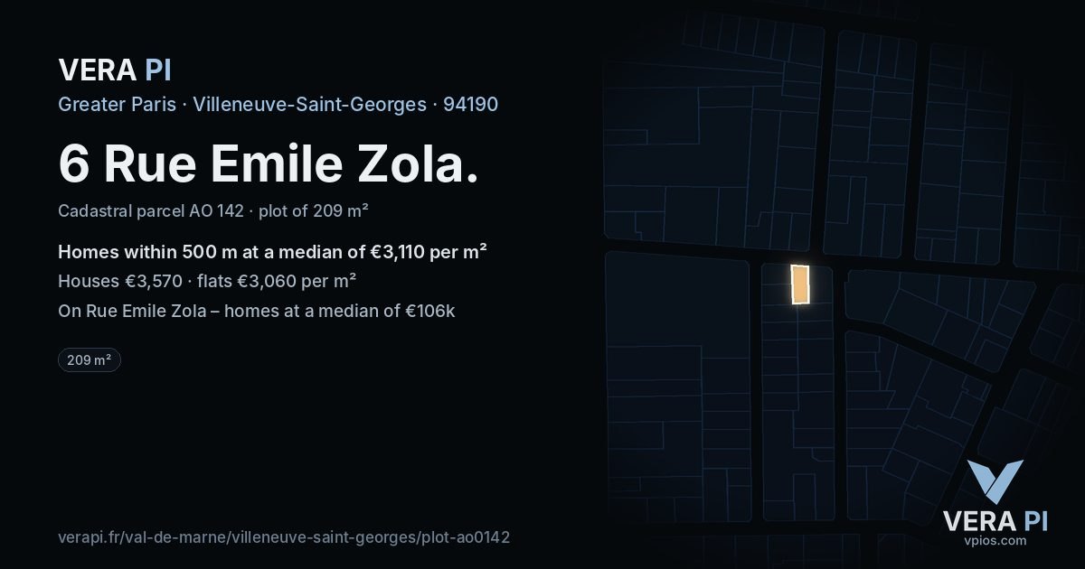 6 Rue Emile Zola, Villeneuve-Saint-Georges at night – the plot lit, the parcels around coloured by the prices near them