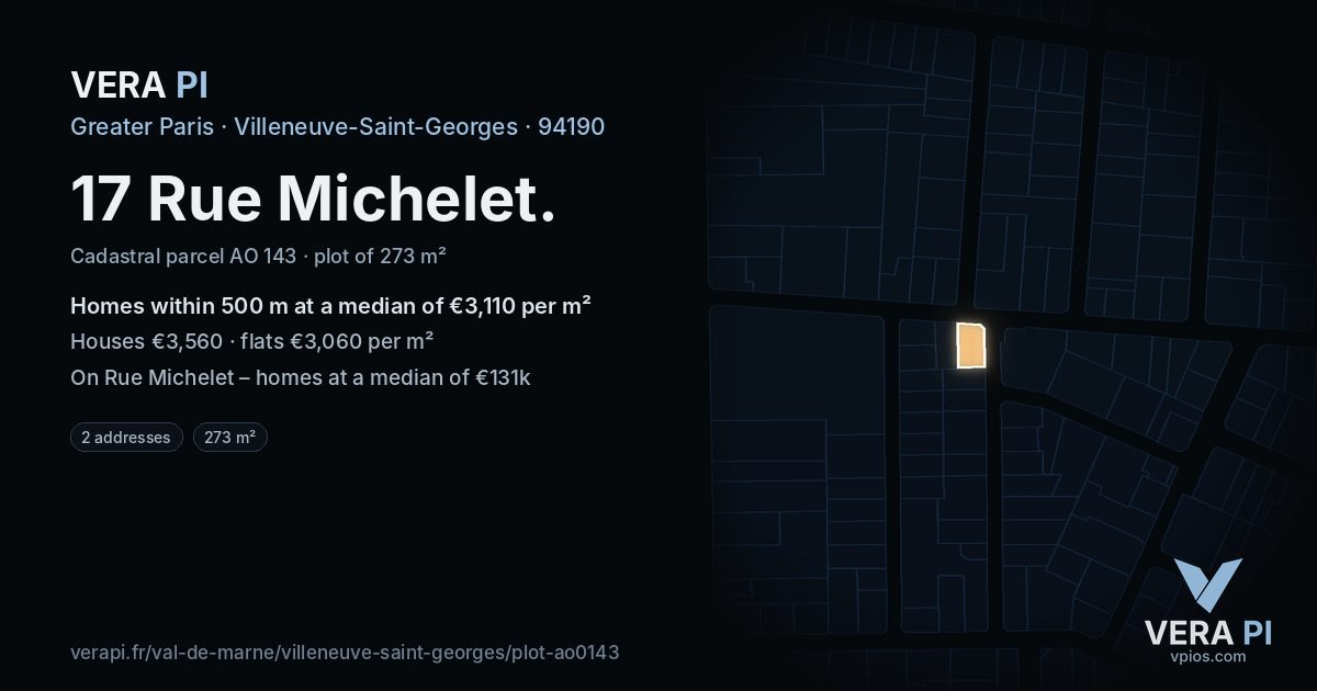 17 Rue Michelet, Villeneuve-Saint-Georges at night – the plot lit, the parcels around coloured by the prices near them