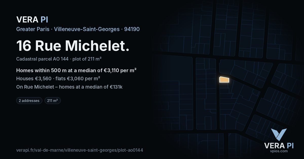 16 Rue Michelet, Villeneuve-Saint-Georges at night – the plot lit, the parcels around coloured by the prices near them
