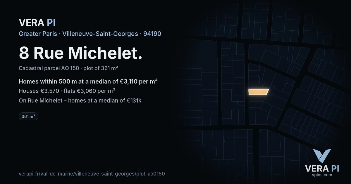 8 Rue Michelet, Villeneuve-Saint-Georges at night – the plot lit, the parcels around coloured by the prices near them