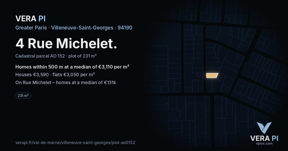 4 Rue Michelet, Villeneuve-Saint-Georges at night – the plot lit, the parcels around coloured by the prices near them