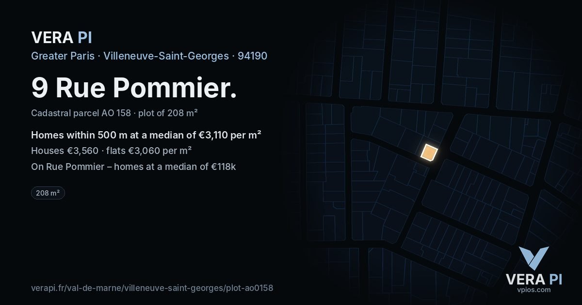 9 Rue Pommier, Villeneuve-Saint-Georges at night – the plot lit, the parcels around coloured by the prices near them