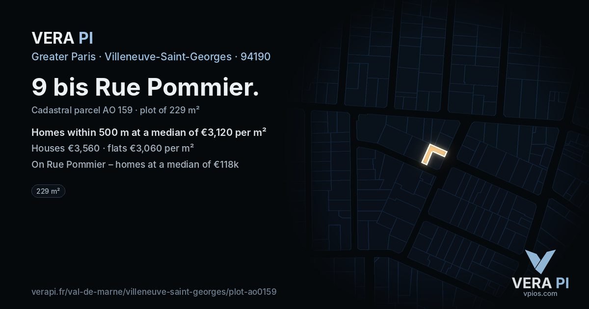 9 bis Rue Pommier, Villeneuve-Saint-Georges at night – the plot lit, the parcels around coloured by the prices near them
