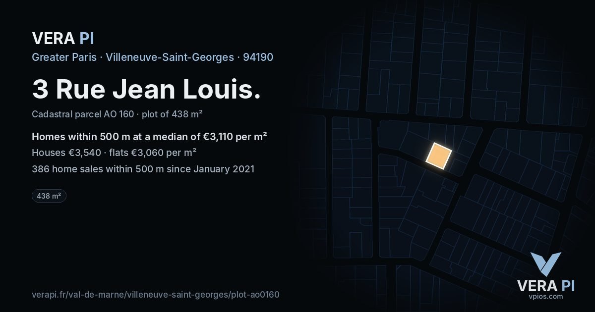 3 Rue Jean Louis, Villeneuve-Saint-Georges at night – the plot lit, the parcels around coloured by the prices near them