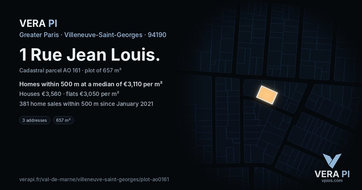 1 Rue Jean Louis, Villeneuve-Saint-Georges at night – the plot lit, the parcels around coloured by the prices near them