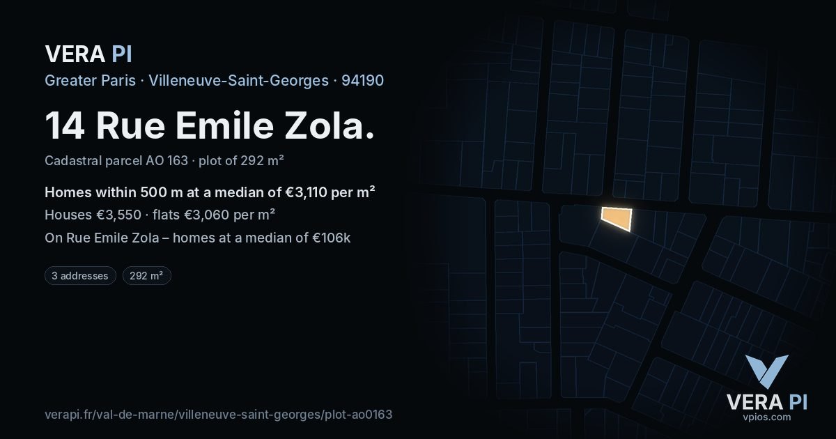 14 Rue Emile Zola, Villeneuve-Saint-Georges at night – the plot lit, the parcels around coloured by the prices near them