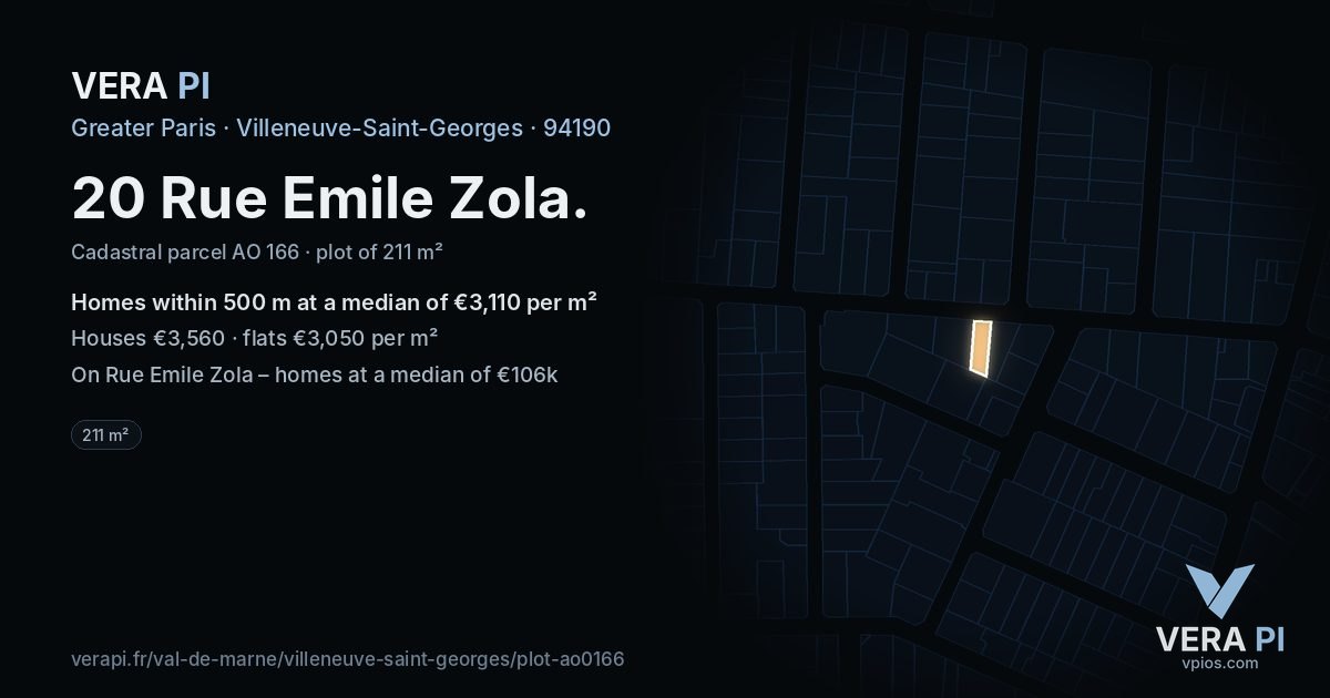 20 Rue Emile Zola, Villeneuve-Saint-Georges at night – the plot lit, the parcels around coloured by the prices near them