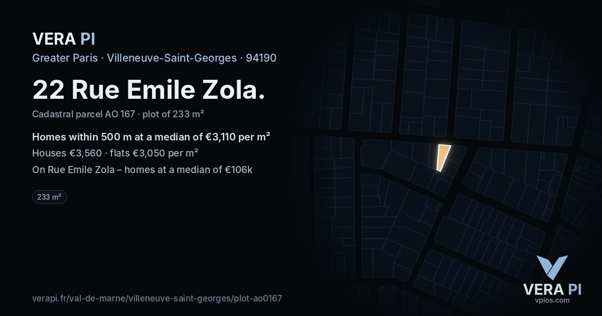 22 Rue Emile Zola, Villeneuve-Saint-Georges at night – the plot lit, the parcels around coloured by the prices near them