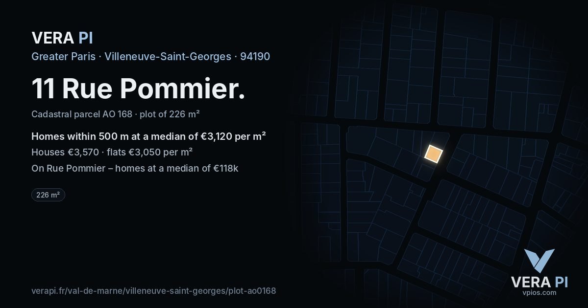 11 Rue Pommier, Villeneuve-Saint-Georges at night – the plot lit, the parcels around coloured by the prices near them