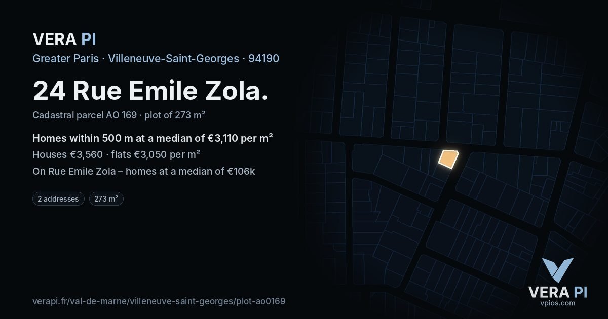 24 Rue Emile Zola, Villeneuve-Saint-Georges at night – the plot lit, the parcels around coloured by the prices near them
