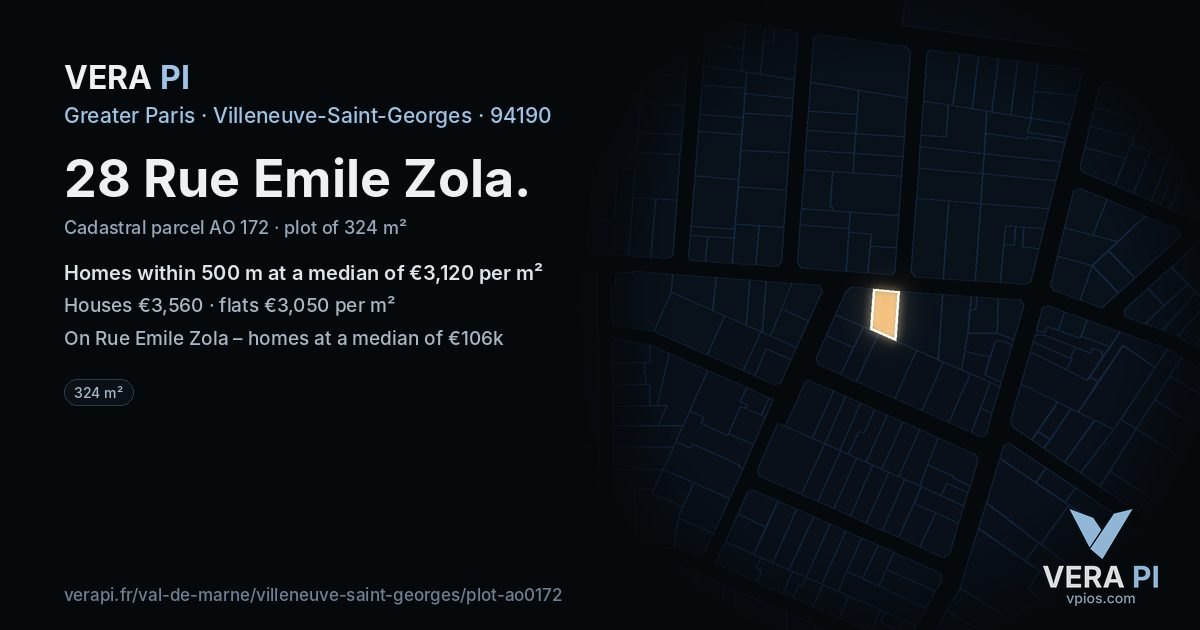 28 Rue Emile Zola, Villeneuve-Saint-Georges at night – the plot lit, the parcels around coloured by the prices near them