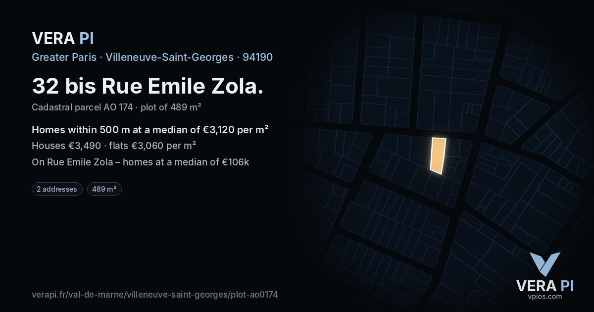 32 bis Rue Emile Zola, Villeneuve-Saint-Georges at night – the plot lit, the parcels around coloured by the prices near them