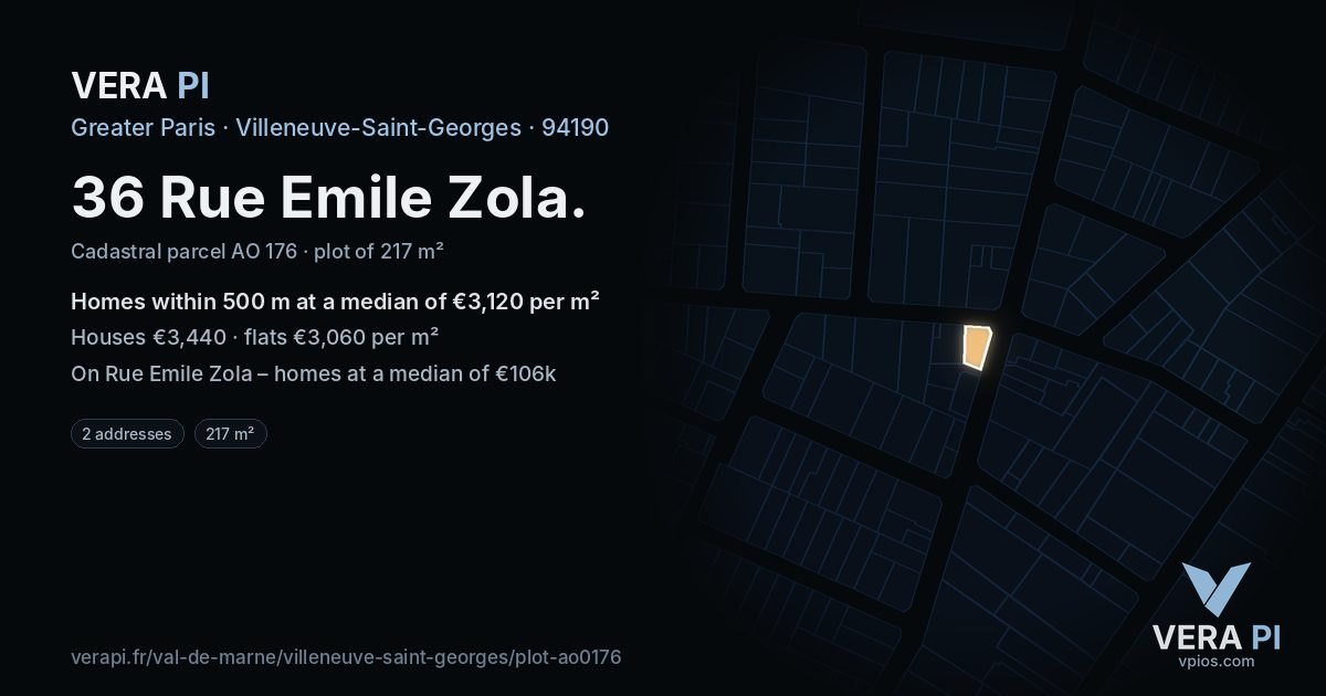 36 Rue Emile Zola, Villeneuve-Saint-Georges at night – the plot lit, the parcels around coloured by the prices near them