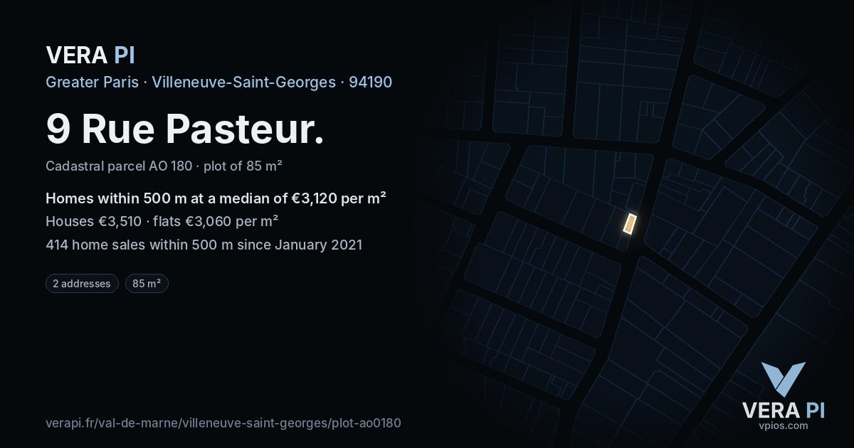 9 Rue Pasteur, Villeneuve-Saint-Georges at night – the plot lit, the parcels around coloured by the prices near them