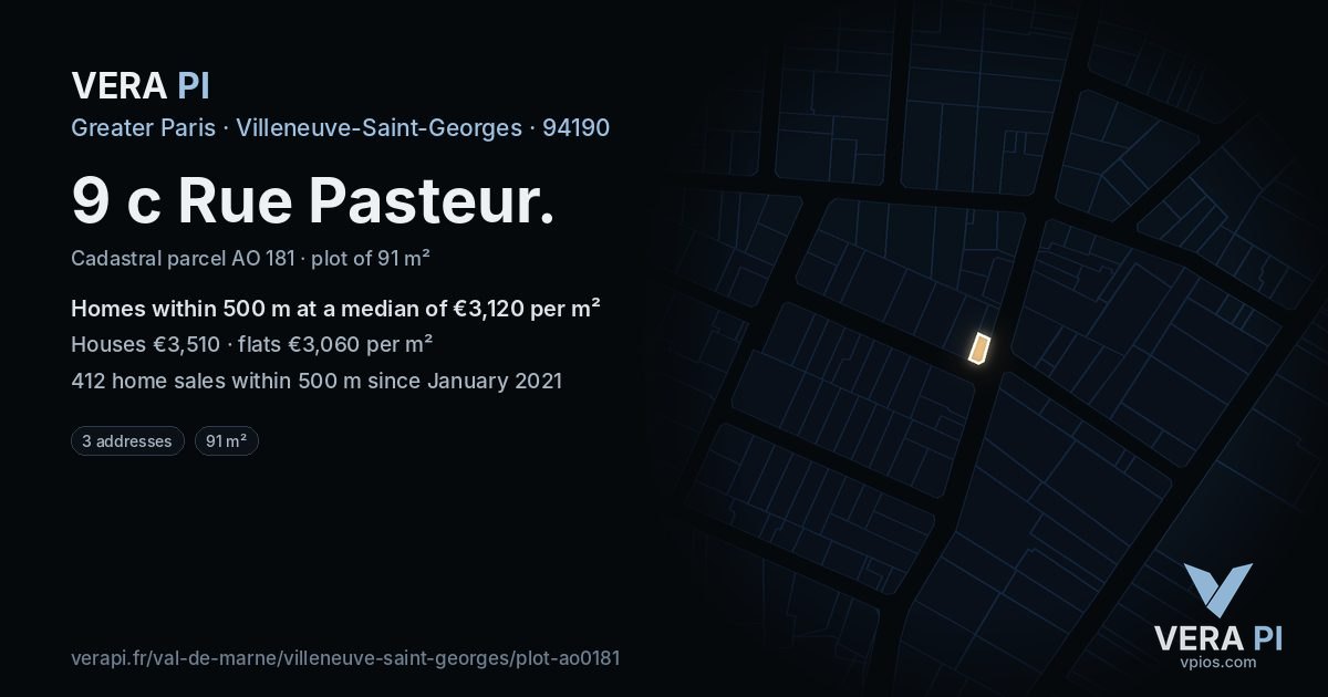 9 c Rue Pasteur, Villeneuve-Saint-Georges at night – the plot lit, the parcels around coloured by the prices near them