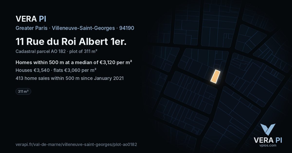 11 Rue du Roi Albert 1er, Villeneuve-Saint-Georges at night – the plot lit, the parcels around coloured by the prices near them