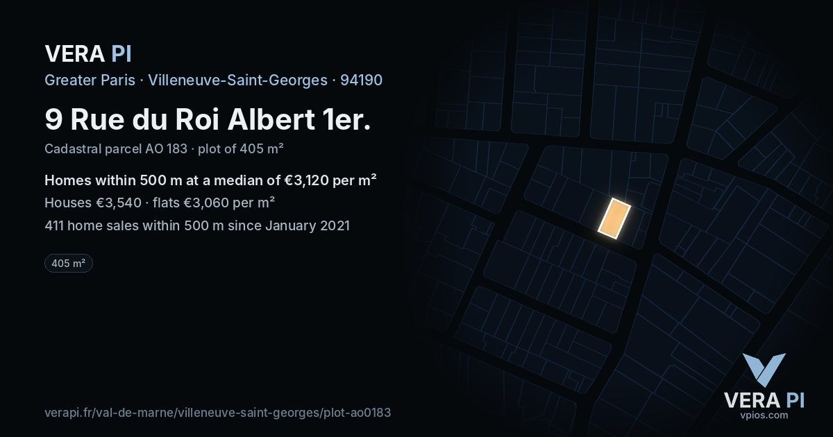 9 Rue du Roi Albert 1er, Villeneuve-Saint-Georges at night – the plot lit, the parcels around coloured by the prices near them