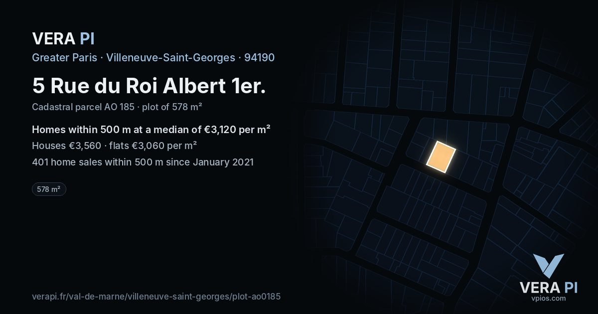 5 Rue du Roi Albert 1er, Villeneuve-Saint-Georges at night – the plot lit, the parcels around coloured by the prices near them