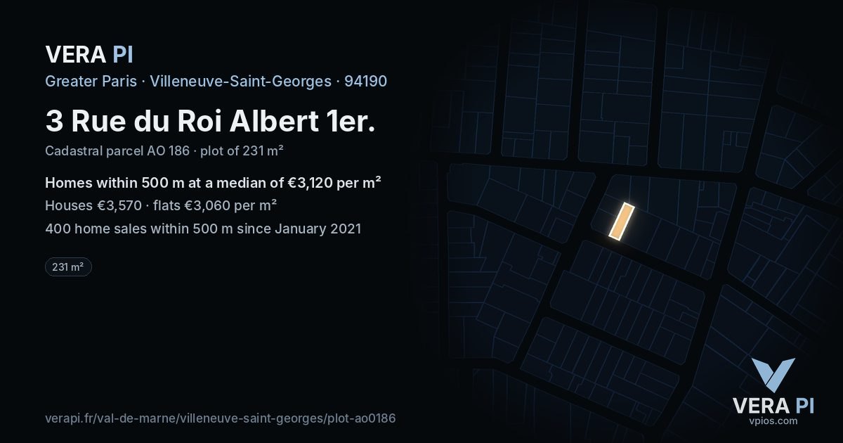 3 Rue du Roi Albert 1er, Villeneuve-Saint-Georges at night – the plot lit, the parcels around coloured by the prices near them