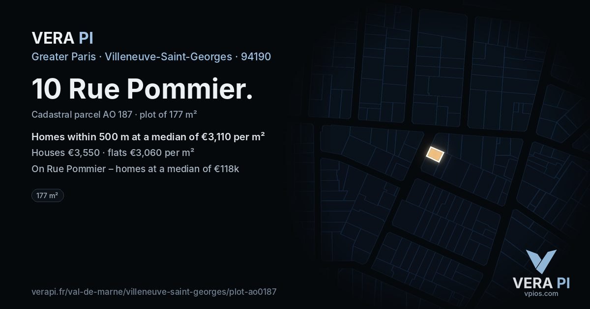 10 Rue Pommier, Villeneuve-Saint-Georges at night – the plot lit, the parcels around coloured by the prices near them