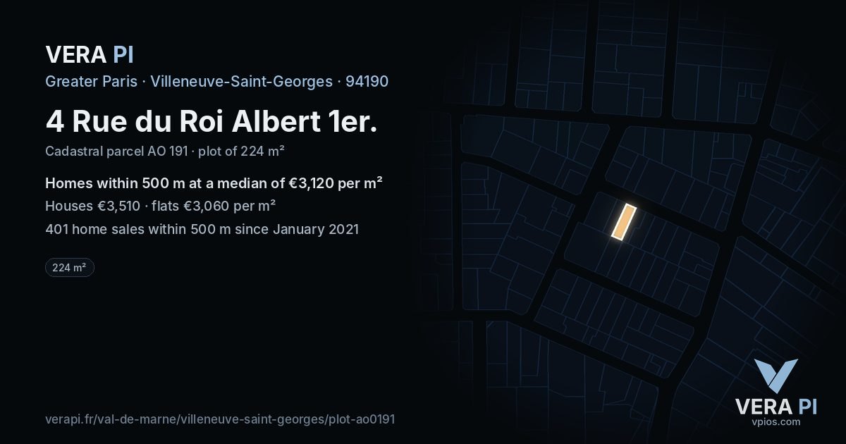 4 Rue du Roi Albert 1er, Villeneuve-Saint-Georges at night – the plot lit, the parcels around coloured by the prices near them
