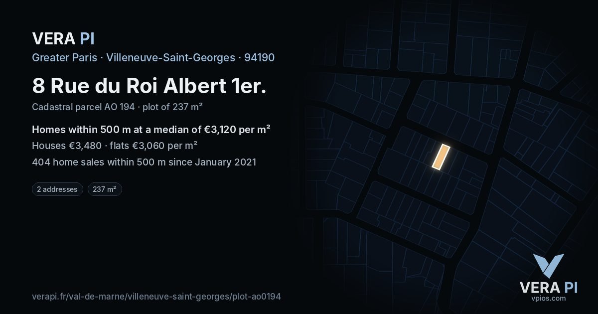 8 Rue du Roi Albert 1er, Villeneuve-Saint-Georges at night – the plot lit, the parcels around coloured by the prices near them