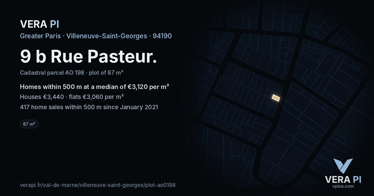 9 b Rue Pasteur, Villeneuve-Saint-Georges at night – the plot lit, the parcels around coloured by the prices near them