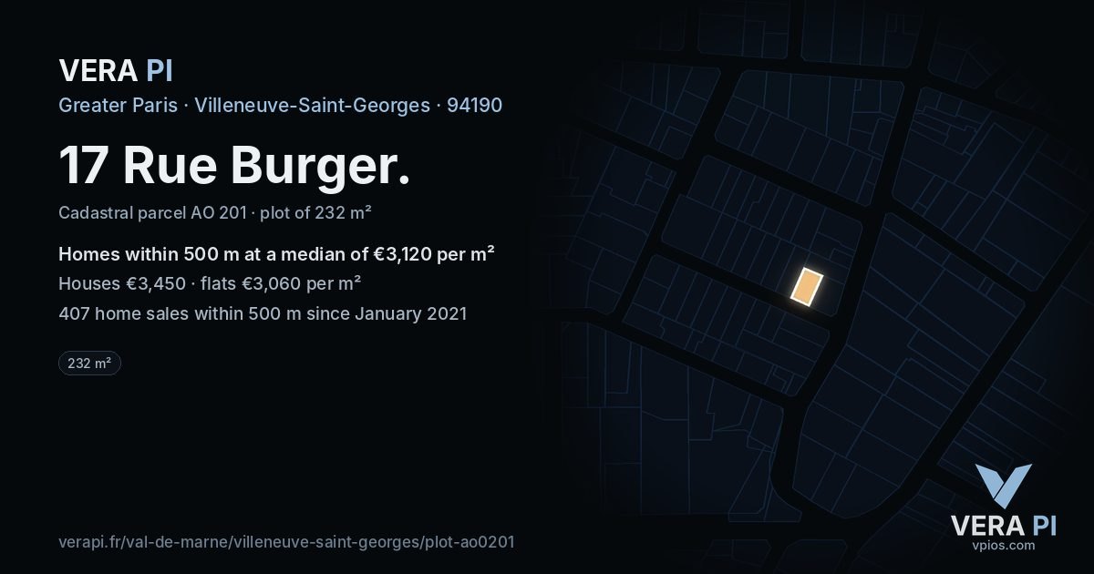 17 Rue Burger, Villeneuve-Saint-Georges at night – the plot lit, the parcels around coloured by the prices near them