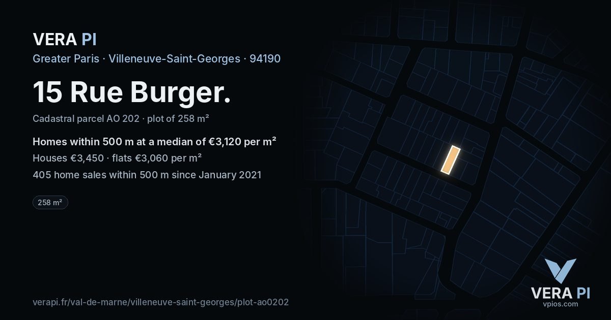 15 Rue Burger, Villeneuve-Saint-Georges at night – the plot lit, the parcels around coloured by the prices near them