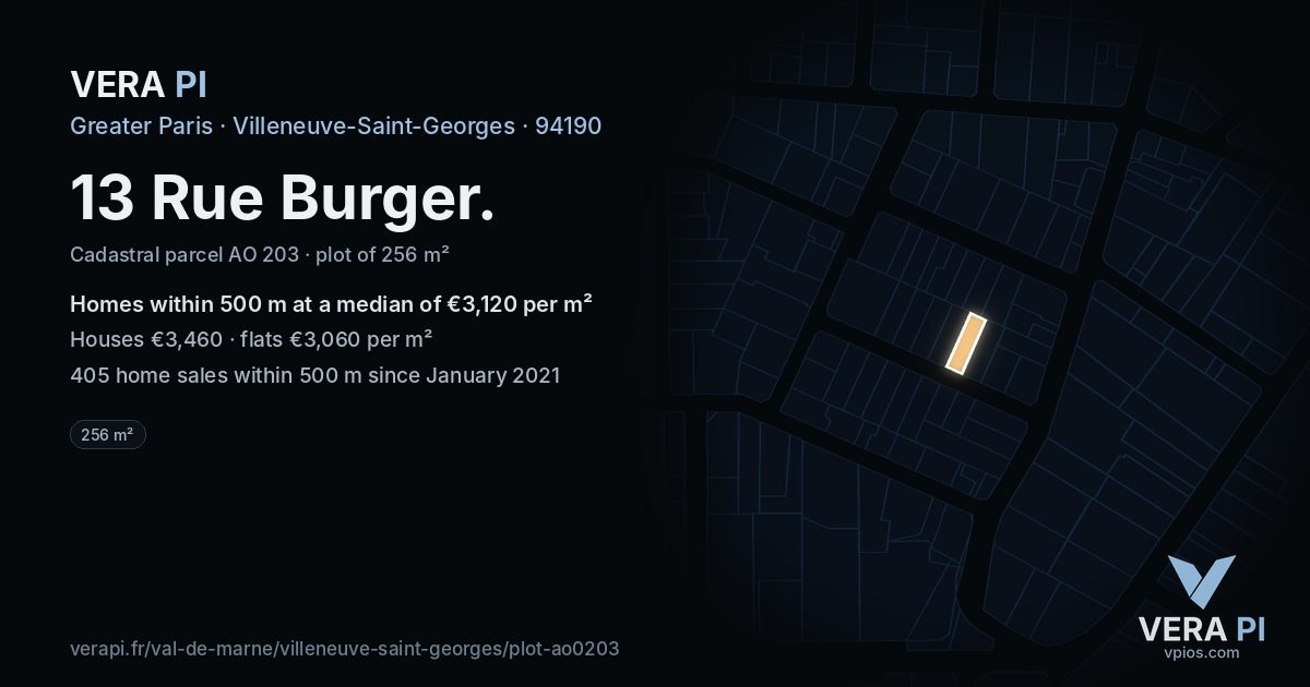 13 Rue Burger, Villeneuve-Saint-Georges at night – the plot lit, the parcels around coloured by the prices near them