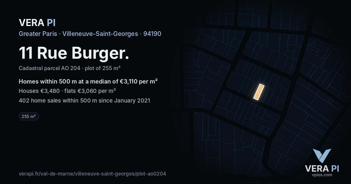11 Rue Burger, Villeneuve-Saint-Georges at night – the plot lit, the parcels around coloured by the prices near them