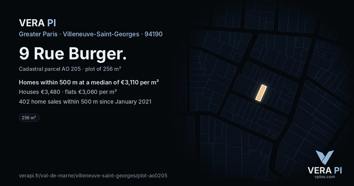 9 Rue Burger, Villeneuve-Saint-Georges at night – the plot lit, the parcels around coloured by the prices near them