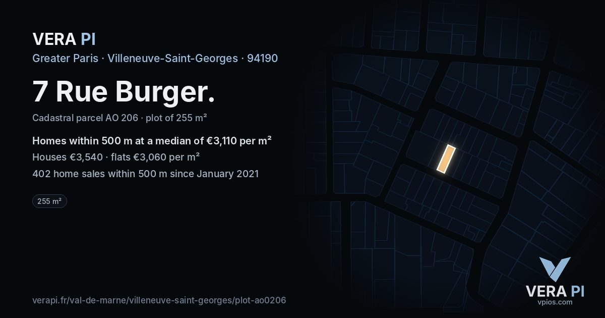 7 Rue Burger, Villeneuve-Saint-Georges at night – the plot lit, the parcels around coloured by the prices near them