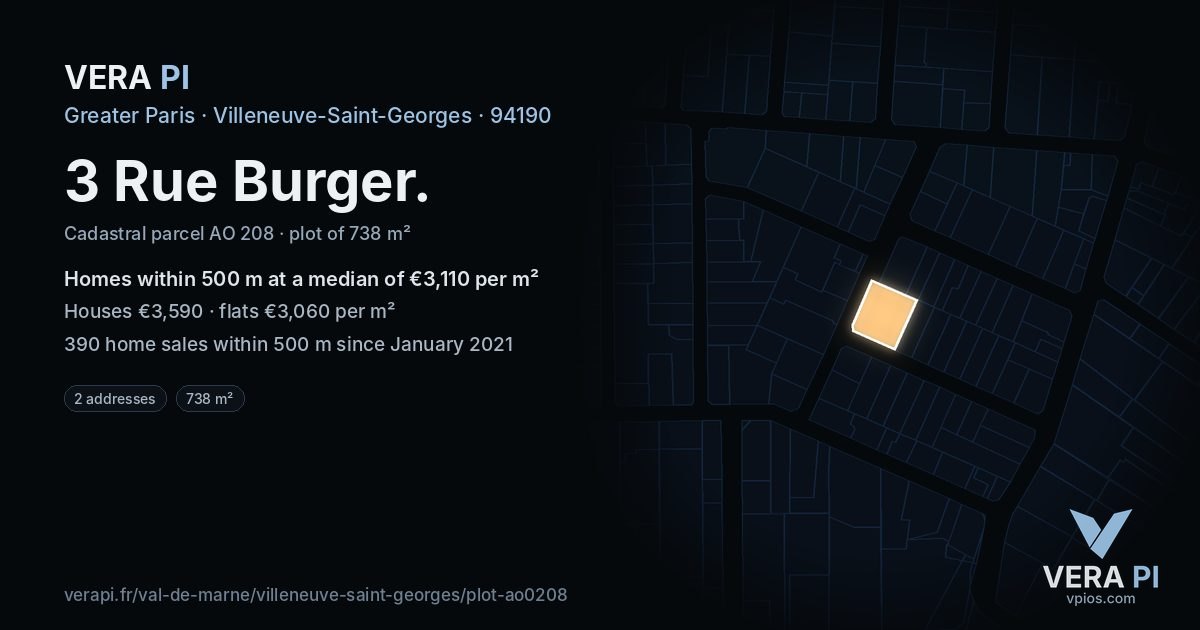3 Rue Burger, Villeneuve-Saint-Georges at night – the plot lit, the parcels around coloured by the prices near them