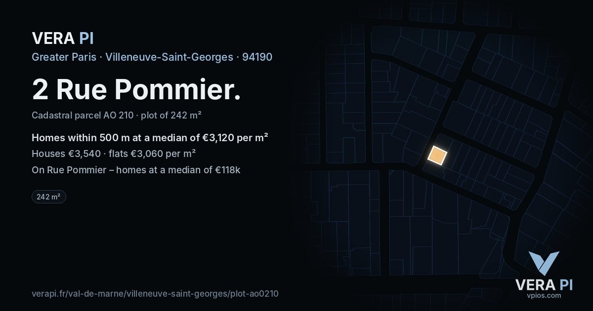 2 Rue Pommier, Villeneuve-Saint-Georges at night – the plot lit, the parcels around coloured by the prices near them
