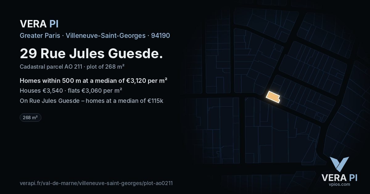 29 Rue Jules Guesde, Villeneuve-Saint-Georges at night – the plot lit, the parcels around coloured by the prices near them