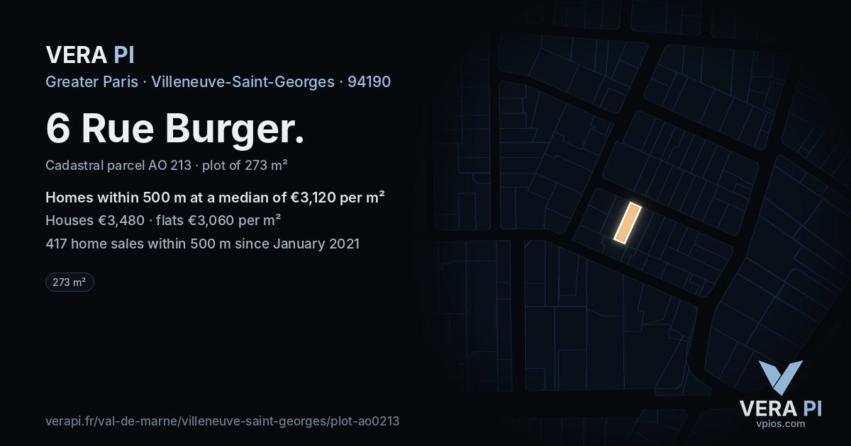 6 Rue Burger, Villeneuve-Saint-Georges at night – the plot lit, the parcels around coloured by the prices near them