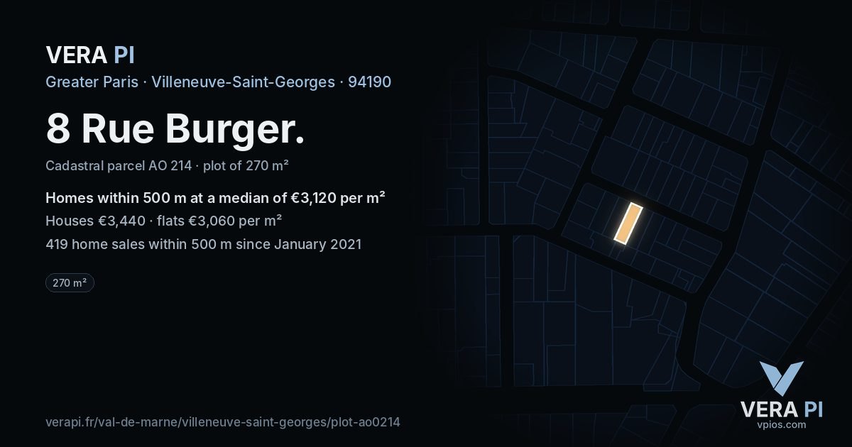 8 Rue Burger, Villeneuve-Saint-Georges at night – the plot lit, the parcels around coloured by the prices near them
