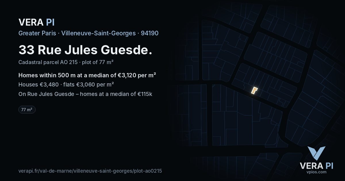 33 Rue Jules Guesde, Villeneuve-Saint-Georges at night – the plot lit, the parcels around coloured by the prices near them