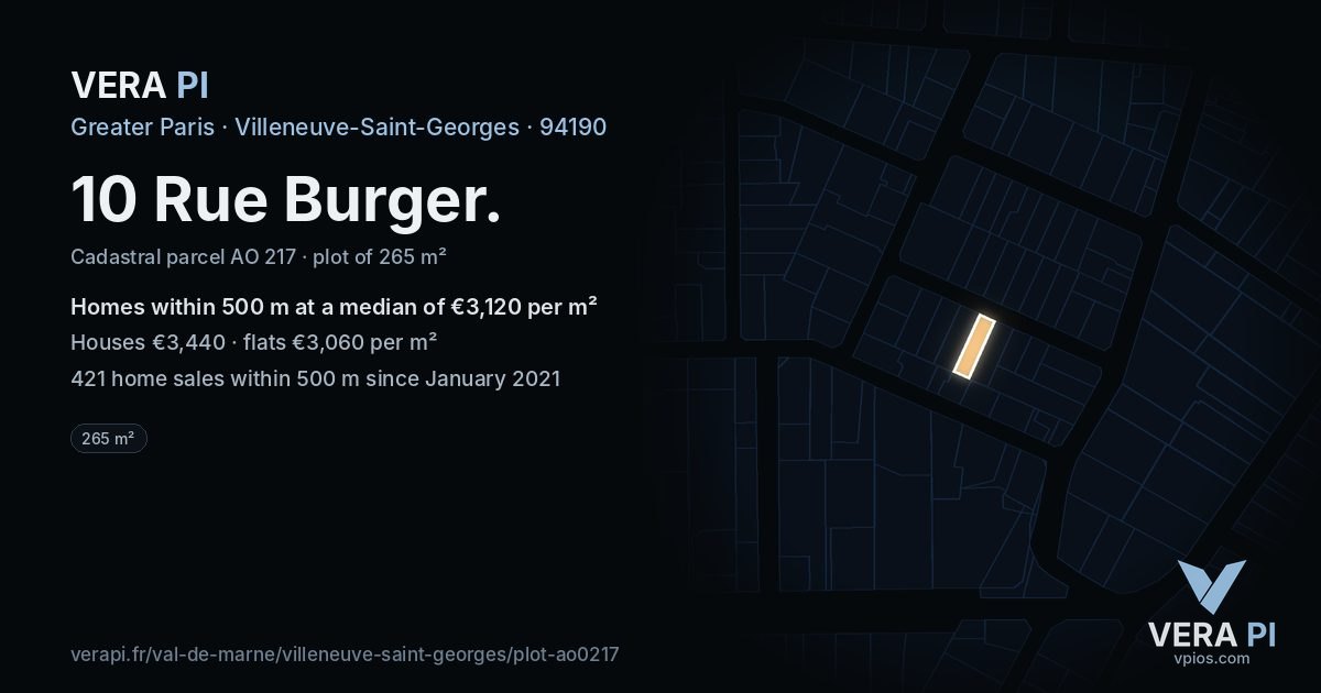 10 Rue Burger, Villeneuve-Saint-Georges at night – the plot lit, the parcels around coloured by the prices near them